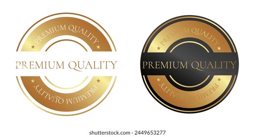 Pegatina, etiqueta, insignia, icono y logotipo para productos de calidad premium. Ilustración vectorial en colores dorados y negros