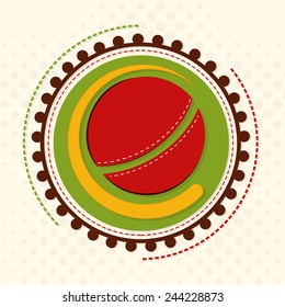 Sticker, label or badge with red ball for Cricket Sports concept on seamless background.