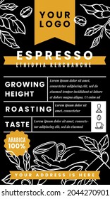 Sticker label for coffee packaging, to indicate coffee variety, region and roast, for restaurants, coffee houses, cafe and coffee industries roaster.