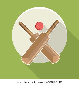Sticker or label with cricket bats and ball on green background.