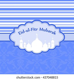 Sticker or label design for Eid al-Fitr celebration. Design decorated frame with mosque for month of Muslim community, Eid al-Fitr Mubarak in English translation - festival of breaking of the fast.