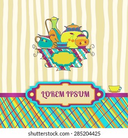 Sticker and label design for food packaging and kitchen utensils. Gift box for dishes, kitchen utensils, Cutlery, tea sets. Vector illustration