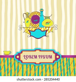 Sticker and label design for food packaging and kitchen utensils. Gift box for dishes, kitchen utensils, Cutlery, tea sets. Vector illustration