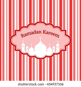 Sticker or label design for Ramadan Kareem celebration. Design decorated frame with mosque for holy month of Muslim community, red.