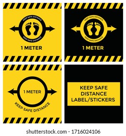 Sticker or label design for social distancing awareness of safe distance of 1 meter. 3 design variation in square format. Yellow and black warning labels. Vector illustration.