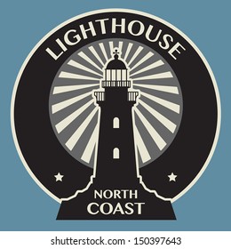 Sticker or label with Lighthouse silhouette, vector illustration