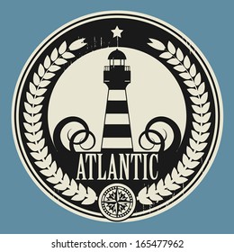 Sticker or label with Lighthouse silhouette, vector illustration