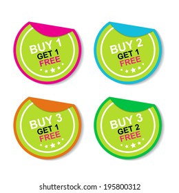 Sticker or Label For Marketing Campaign, Buy 1 Get 1 Free, Buy 2 Get 1 Free, Buy 3 Get 1 Free and Buy 3 Get 2 Free With Colorful Icon. 