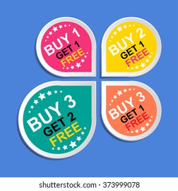 Sticker or Label For Marketing Campaign, Buy 1 Get 1 Free, Buy 2 Get 1 Free, Buy 3 Get 1 Free and Buy 3 Get 2 Free With Colorful Icon.