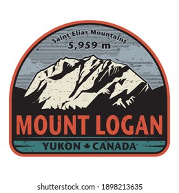 Sticker or label with Mount Logan mountain peak, in Yukon, Canada. Vector illustration