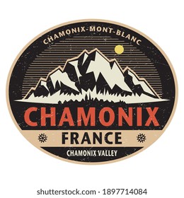 Sticker or label with mountains and text Chamonix, France. Vector illustration