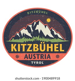 Sticker or label with mountains and text Kitzbuhel, Austria. Vector illustration