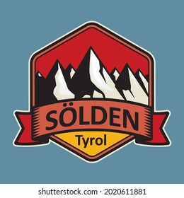 Sticker or label with mountains and text Solden, Austria. Vector illustration