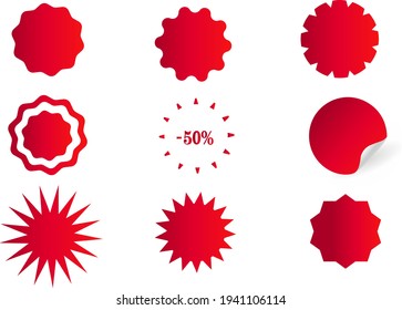 Sticker, label with a price tag. Set of round red starburst icons. Round form.
Product marking.
Zigzag edge. Collection of speech balloons. Vector illustration.