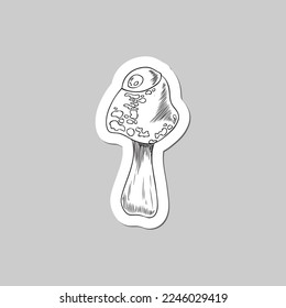 Sticker or label tag design with monster mushroom, monochrome hatching or engraving style vector illustration isolated on grey background. Poisonous magic mushroom.