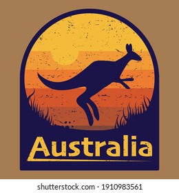 Texto pegajoso o etiquetado Australia - salto canguro contra puesta de sol, ilustración vectorial