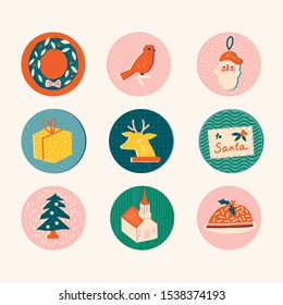 Sticker and labels Christmas and New Year collection in vintage, retro style. Winter holiday illustration. 