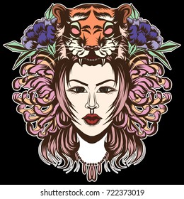 Sticker Lady with animal helmet tattoo.beautiful girl with tiger head among peony flower and cherry flower tattoo.