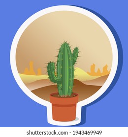 sticker
 with a large cactus on the background of a sunset in the desert