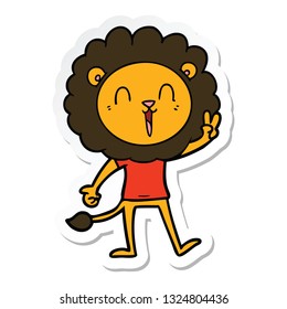 sticker of a laughing lion giving peace sign