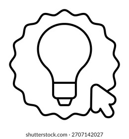 Aufkleber mit Glühbirne dünne Linie Symbol, Elektrizitätskonzept. Vektorgrafiken. Lampe auf Aufkleber mit Cursorzeichen auf weißem Hintergrund, Umrissstil-Symbol für Mobil- oder Webdesign