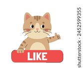 Sticker like with cute cat character showing thumbs up. Call to action sticker for social networks. Red button with animal. Vector illustration isolated on white background