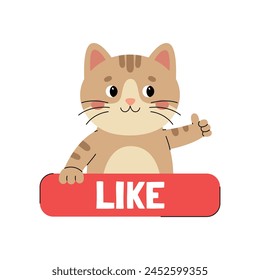 Sticker like with cute cat character showing thumbs up. Call to action sticker for social networks. Red button with animal. Vector illustration isolated on white background