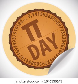 Sticker like a pie in top view for Pi Day celebration with symbol and numeric value of pi around it.