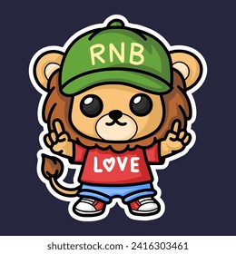 sticker of a lion wearing a shirt and hat, cartoon style, Chibi Style.