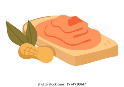 Sticker of little cute bread slice with organic vegan peanut butter on white background. Concept of healthy and tasty vegan products, wholesome vegetarian food. Flat cartoon vector illustration.