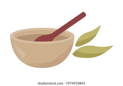 Sticker of little cute plate and spoon to stir organic vegan products on white background. Concept of healthy and tasty vegan products, wholesome vegetarian food. Flat cartoon vector illustration.