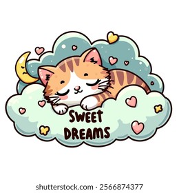 sticker little ginger kitten sleeps in the clouds next to the moon, hearts and sweet dreams inscription. Hand drawn image.