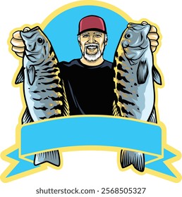 Sticker or logo for angler, man holding 2 fish. Also suitable for t-shirt design