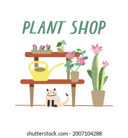 Sticker, logo, card on subject of loving plants and pets. Colorful vector illustration with plant shelves, cat and text Plant shop.