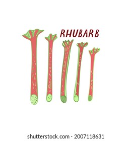 Sticker, logo, card or other design with cut rhubarb plant stalks. Colorful vector illustration for cooking. 