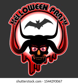 Sticker, logo or emblem. Halloween party, Skull with four horns and bulging eyes EPS10
