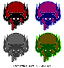 Sticker, logo or emblem. Skull with four horns and bulging eyes