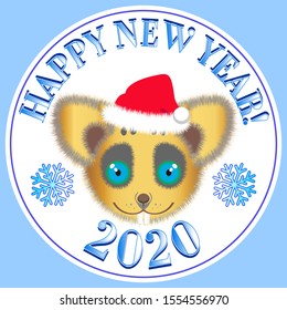 Sticker logo with the face of a fluffy mouse and the inscription HAPPY NEW YEAR! 2020 EPS10