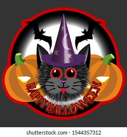 Sticker or logo. Happy Halloween. Fluffy black cat in a hat and bats EPS10