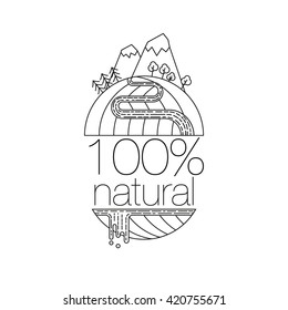 Sticker Logotype with inscription 100% natural with mountains, river, fields. Eco cartoon concept for stickers, banners, cards, advertisement. Line Art Vector illustration isolated on white background