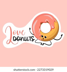 Sticker love donuts. donut with pink icing sticker. Bakery logo. Vector illustration of bakery and confectionery.