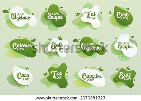 Sticker low badge. Set, green amoeba design of sticker for diet menu, poster, flyer, food packaging