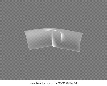 Sticker made of transparent plastic. The vector illustration shows a curved strip of adhesive tape. Mockup of adhesive film made of tape or plastic, rectangular in shape on a transparent background.