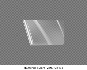 Sticker made of transparent plastic. Vector image of a realistic curved adhesive tape. Rectangular shaped plastic or film with rounded ends on a transparent isolated background.