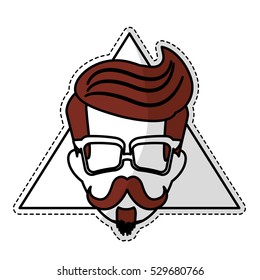 sticker of man face with mustache and glasses over triangular frame and white background. hispter style concept. colorful design. vector illustration