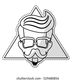 sticker of man face with mustache and glasses over triangular frame and white background. hispter style concept. vector illustration