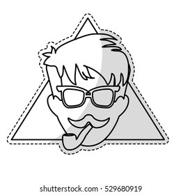 sticker of man face with mustache and glasses over triangular frame and white background. hispter style concept. vector illustration