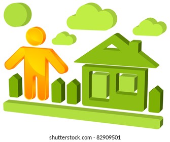 Sticker with man, house, fence and plant, vector illustration