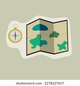 sticker, sticker map, sticker compass, map and compass, tourism, camping, flat vector illustration. Vector illustration EPS10