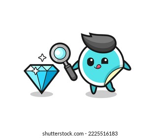 mascota de emoticones está revisando la autenticidad de un diamante , diseño de estilo lindo para camiseta, pegatina, elemento logo